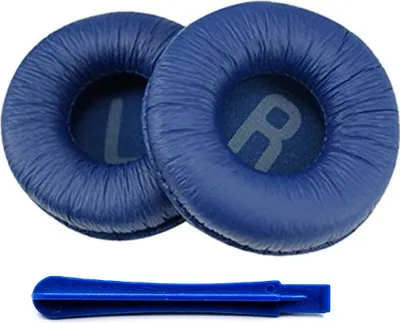 Two blue ear pads for headphones and a blue plastic tool.