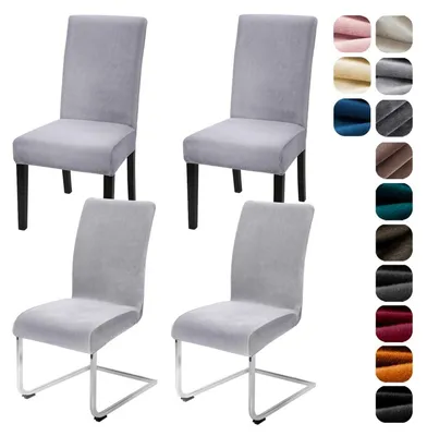 Produktbild von Stuhlhussen 4er Set Stretch Samt Velour Schwingstuhl Elastisch Waschbar Silbergrau
