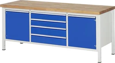 Produktbild von Werkbank mit 2 Schränken - 4 XL Schubladen - Teilauszug - 120:2 / 150:2 - Höhe 840-1.040 mm - 2.000 x 700 mm (BxT) - Traglast 1.250 kg - Buche