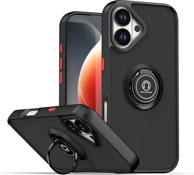 Produktbild von Hülle für iPhone 17 Matte Transluzent TPU Stoßfest Schutzhülle mit Ring Halter Ständer Schwarz Rot