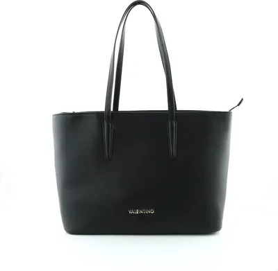 A black Valentino tote bag is shown against a white background.