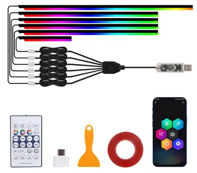 Zdjęcie produktu dla Zestaw oświetlenia wewnętrznego do samochodu LED, 6-w-1, długość 445 cm, 584 diody LED RGB, sterowanie muzyką przez aplikację, pilot, zasilanie USB
