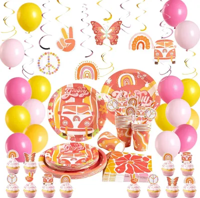 Produktbild von Boho Regenbogen Geburtstag Deko Set Kinder Partygeschirr Ballons Banner 125tlg