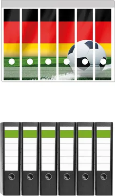 Produktbild von Wallario 6 Stück breite Ordner inkl. Klebeetiketten mit Motive Fußball vor einer Deutschlandflagge -  Set mit Rückenschildern / Ordnerrücken Stickern