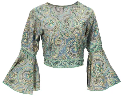 Produktbild von Kurztop, Boho Blusentop, Wickeltop, Wickelbluse - Grün, Damen, Polyester, Blusen & Tunikas