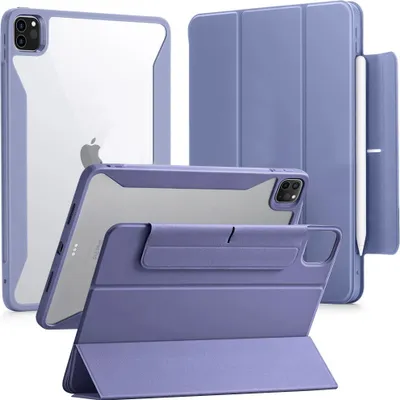 Multiple views of a purple iPad case with a clear back, showing different angles and configurations.