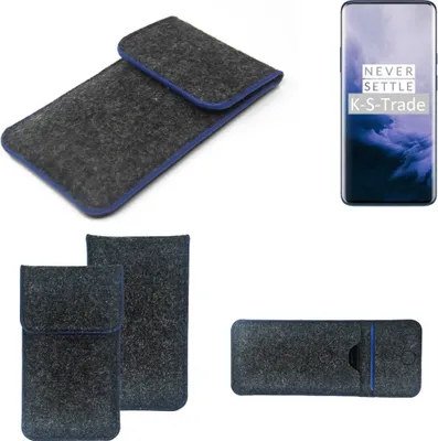 Produktbild von K-S-Trade Handy-Hülle Schutz-Hülle kompatibel mit OnePlus 7T Pro Filztasche Pouch Tasche Case Sleeve Filzhülle dunkelgrau, blauer Rand
