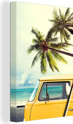 Produktbild von OneMillionCanvasses® - Leinwandbilder - 90x140 cm, Palme - Auto - Strand - Tropisch, Wandbilder Kunstdruck Wanddekoration - Foto auf Leinwand - Gemälde auf Holzrahmen - Wandschmucke - Schlafzimmer