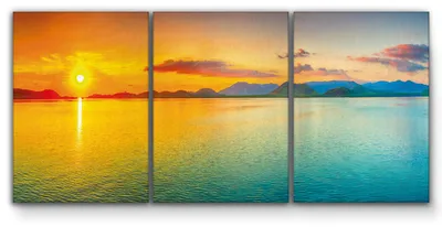 Produktbild von Giallobus - Seenlandschaft - Sonnenaufgang am See - Giallobus - 308x140cm | 3pz. x 100x140cm - Bild - Leinwand