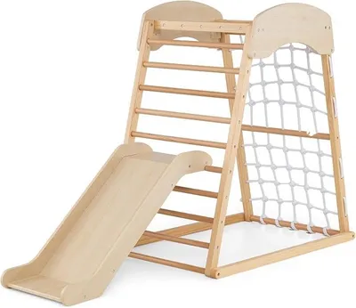 Imagen del producto de Estructura de juego triangular 5 en 1 con tobogán, red de escalada, escalera de cuerda, barra de dominadas y túnel. Parque infantil interior de madera para que los niños (a partir de 1 año) puedan deslizarse y escalar (color natural)