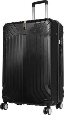 A black trolley suitcase on a white background.