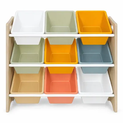 Imagen del producto de Estantería para juguetes con 9 compartimentos – Organizador para habitación infantil – 66 x 29,5 x 60 cm – Fabricada en MDF y plástico – Multicolor