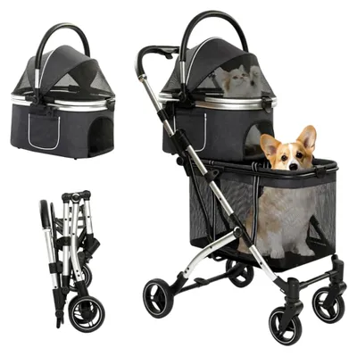 Produktbild von Hundewagen 3 in 1 für Hunde bis 24 kg, klappbar, für kleine Hunde, Katzenwagen, faltbarer Kinderwagen, tragbarer Kinderwagen