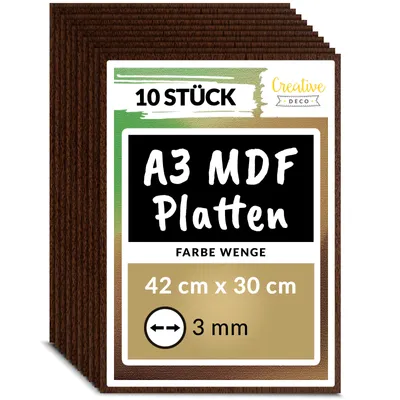 Produktbild von Creative Deco 10 x A3 MDF Platten Einseitig Lackiert Wenge | 420 x 300 x 3 mm | Dünne Holz-Platten für Laser, CNC Router, Modellierung, Laubsäge