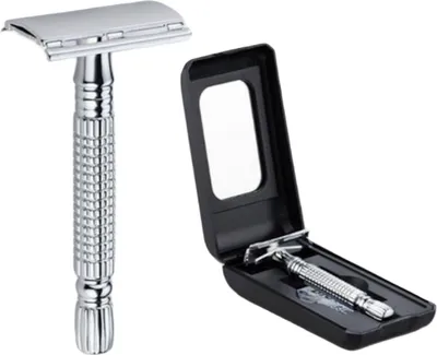 Produktbild von EWANTO Reise Rasierhobel aus Edelstahl, Silber Set mit Reise Etui, Mehrwegrasierer inklusive einer Rasierklingen aus Edelstahl für klassische Rasierklingen besonders sanfte, gründliche, hautfreundliche Nassrasur Präzisionsrasierer RHES-01