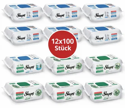 Zdjęcie produktu dla Chusteczki do czyszczenia powierzchni Sleepy Easy Clean – 6 x 100 szt. sosna + 6 x 100 szt. niebieskie | Szybkie porządki w domu