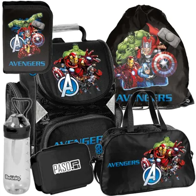Produktbild von Schulranzen 6-tlg. Set für Mädchen & Jungen AVENGERS – Paso Ranzen, Mäppchen, Tasche, Flasche, Frühstückstasche