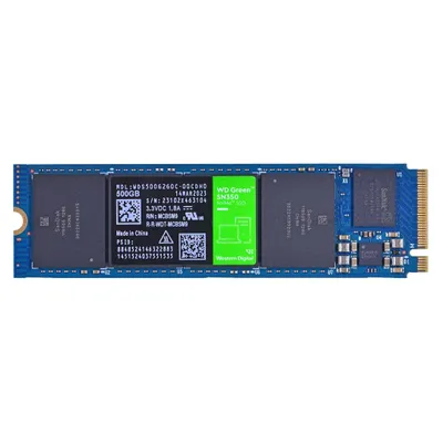 A close-up, top-down view of a Western Digital Green SN350 500 GB M.2 NVMe SSD on a white background.