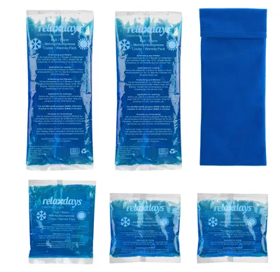 Image de Coussins rafraîchissants Relaxdays, lot de 5, 3 tailles, avec housse, compresses chaudes et froides, adaptés au micro-ondes, compresses rafraîchissantes en gel, bleu