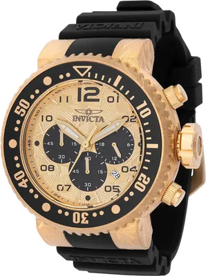 A close-up studio shot of a gold and black Invicta Pro Diver men's watch.