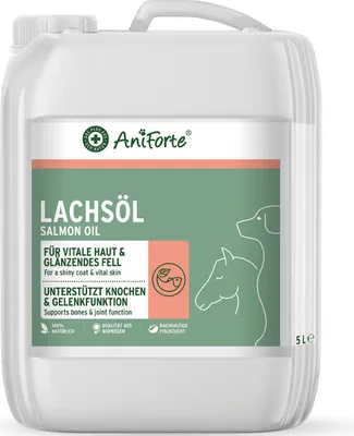 Produktbild von AniForte Lachsöl für Hunde & Pferde 5L - Premium Natur Fischöl aus Norwegen reich an Omega 3 & 6, Futter Ergänzung, Barf Öl für Hunde ohne Zusätze