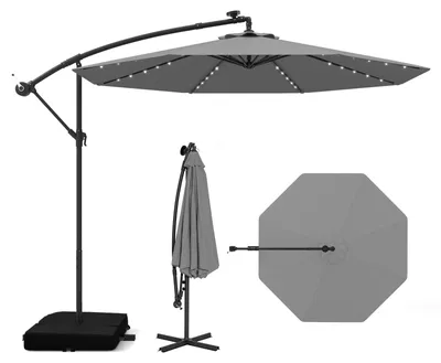 Obrázok produktu pre Slnečník COSTWAY 250 cm so stojanom, LED osvetlením a kľukou, záhradný slnečník, ochrana proti UV žiareniu, trhový slnečník, terasový slnečník, sivý