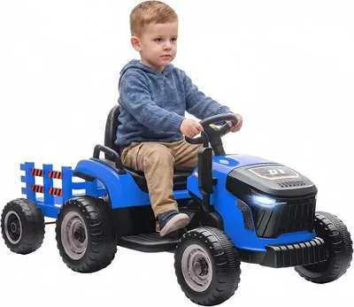 Productafbeelding van Elektrische kinder tractor met aanhanger, opzittractor met afstandsbediening, elektrische kinderauto met 2 motoren, 3 versnellingen, muziek, claxon, startgeluid, zachte start, snelheid 3-5 km/u, geschikt voor kinderen van 3-8 jaar, blauw