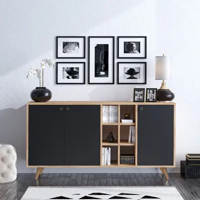 Produktbild von Skye Decor, Moderner Konsolentisch (140 cm), Eiche Schwarz, 40 x 89 x 15 cm | 100% melaminbeschichtete Spanplatte, 18 mm dick | Wandmontierbar, skandinavisches Design mit vielen Regalen.