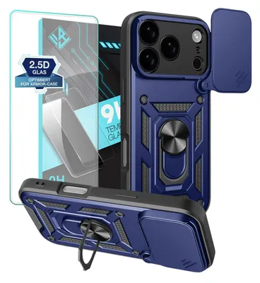 A blue armor phone case with a screen protector and a ring stand, presented on a white background.
