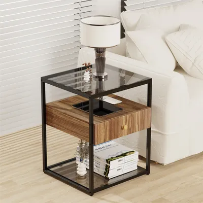 Image de WISFOR Table de nuit avec tiroir, table de nuit avec 3 étagères, table basse en verre table d'appoint vintage avec structure métallique