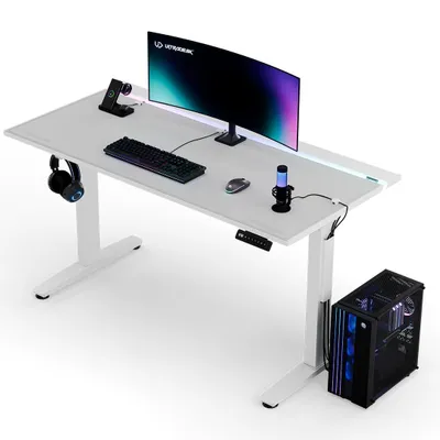 Produktbild von Ultradesk VORTEX - Weiß - Computertisch mit elektrischer Höhenverstellung, LED RGB Prismatic Beleuchtung, 140,5x70cm Platte, Last bis 130kg