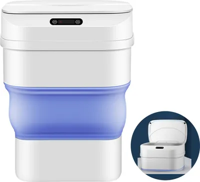 A white and blue collapsible trash can with a sensor lid.