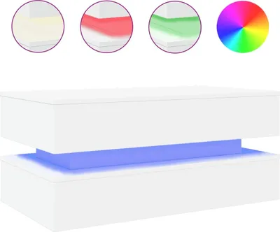 A white coffee table with blue LED lighting underneath, shown with circular graphics above illustrating different LED color options (yellow, red, green, and a color wheel).
