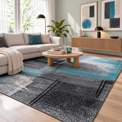 Immagine prodotto di Tappeto design, motivo a sfumatura nera e blu, dimensioni: 140x200 cm, Immagine generata dall'IA