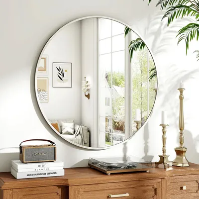 Produktbild von Koonmi runder Wandspiegel 80 cm, Metallrahmen, Silber