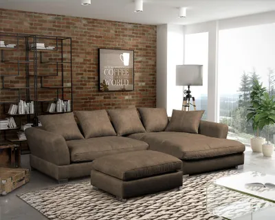 Produktbild von Couchgarnitur TIZIAN L-Form Wildlederoptik- Cappuccino/ Rechts+ Hocker