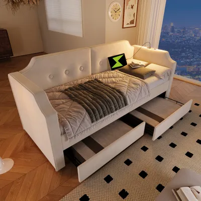 Produktbild von okwish Schlafsofa Daybett 90x200cm mit Lattenrost aus holz, Tagesbett Kinderbett Jugendbett mit USB-Type-C Leselicht und 2 Stauraum Schubladen(Ohne Matratze)- Beige