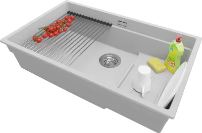Produktbild von PRIMAGRAN Spülbecken Grau 76x47cm, Granitspüle 1 Becken + Ablauf-Set + Aufrollbare Abtropffläche, Küchenspüle ab 80er Unterschrank - Praga Slim