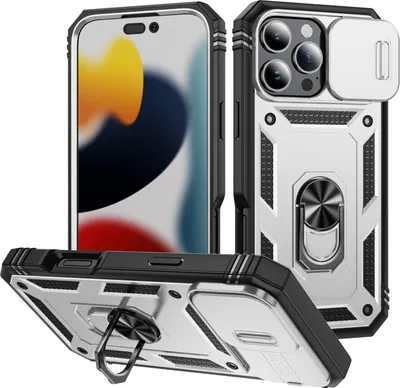 Produktbild von iPhone 16 Pro Max Hülle, Schiebe Kamera Schutz Stoßfest Schutzhülle mit Ringhalterung Ständer für iPhone 16 Pro Max Weiß