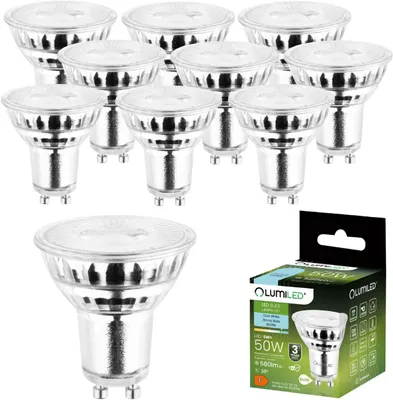 A set of LED light bulbs and their packaging.