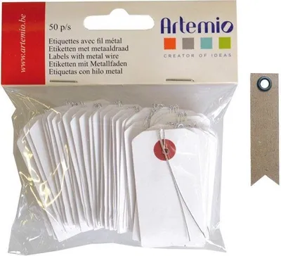 Produktbild von Weiße Mini-Etiketten mit Metallfaden - 3 x 5,5 cm + 20 Wimpel Kraft Etiketten