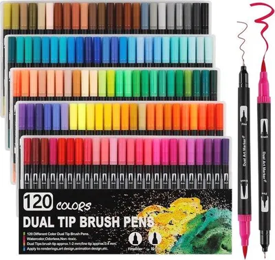 Produktbild von Famanu Farbmarker mit Doppelspitze - 120 Filzstifte und Aquarellmarker für Zeichnen und Kalligrafie