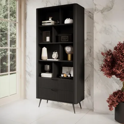 Produktbild von Bücherregal Regal FLORE 88 cm Schwarz Geriffelt 2 Schubladen Standregal
