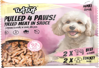 Produktbild von Tuftuf | Zerrissene Stücke Nassfutter - 4x100g - Getreidefreie Rezeptur - Rindfleisch und Putenfleisch - Hundediät