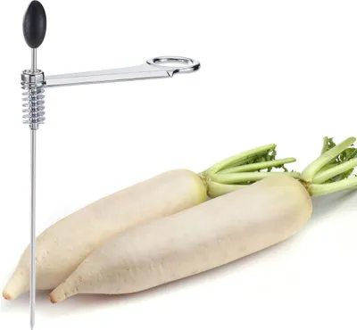 A kitchen tool for cutting radishes is shown next to two radishes on a white background.