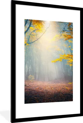 Produktbild von MuchoWow® Gerahmtes Poster Wald - Nebel - Herbst 60x90 cm - Poster mit Schwarzem Bilderrahmen Wandposter Rahmen Foto Bilder - Dekoration - Wandposter Wohnzimmer - Hochwertig