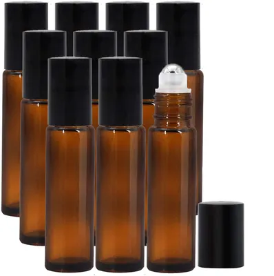 Produktbild von Roll-on-Flaschen für ätherische Öle, nachfüllbar, bernsteinfarbene Glas-Rollerflaschen mit Edelstahl-Kugeln