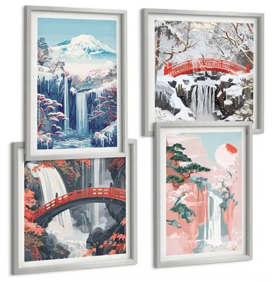 Produktbild von Bilder Set 4-teilig im silbergerahmten Rahmen – Wandbilder 4 Stück – gerahmte Poster für Wohnzimmer, Schlafzimmer und Flur – 50x50 cm - 40x60 cm – Wasserfälle, Berge, Brücken, Bäume