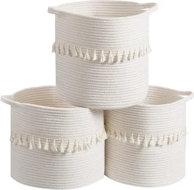 Image de Lot de 3 paniers décoratifs 28 x 28 cm, en coton blanc