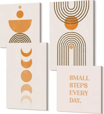 Produktbild von Leinwandbild Set 4-teilig – Modernes Wandbild – Polycanvas Kunstdruck – Abstrakte Bilder – Hochwertige Wandkunst – 2x 40x40 cm + 2x 40x60 cm – Minimalistische abstrakte Muster und Schriftzüge im Boho-Stil